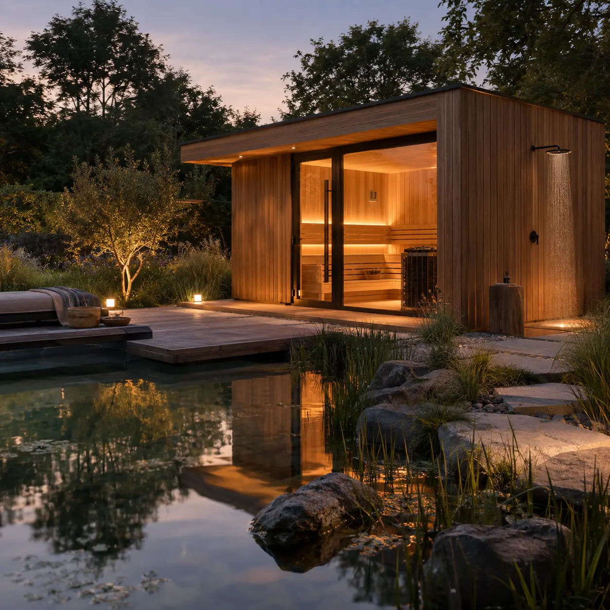 Houten badhuis met sauna en buitendouche aan een natuurvijver