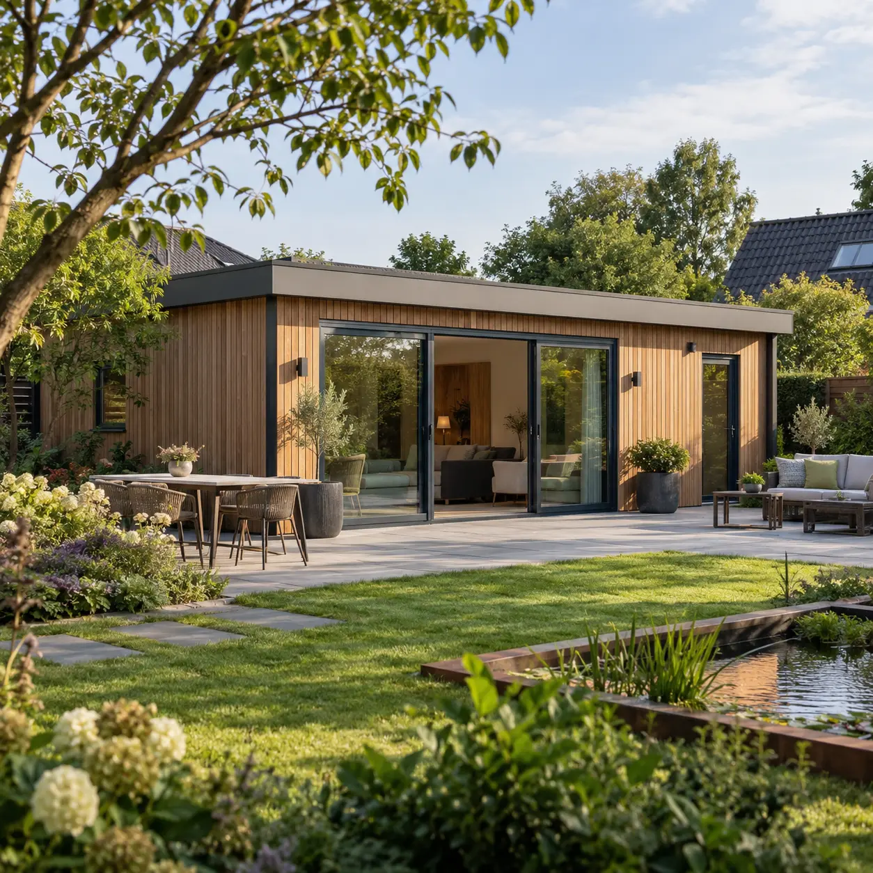 Moderne houten mantelzorgwoning in een groene tuin
