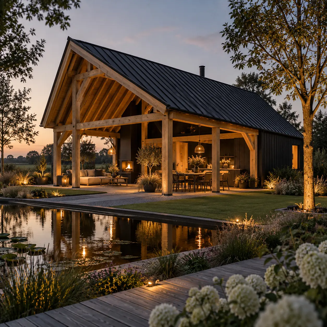 Luxe houten kapschuur met vijver in de avond