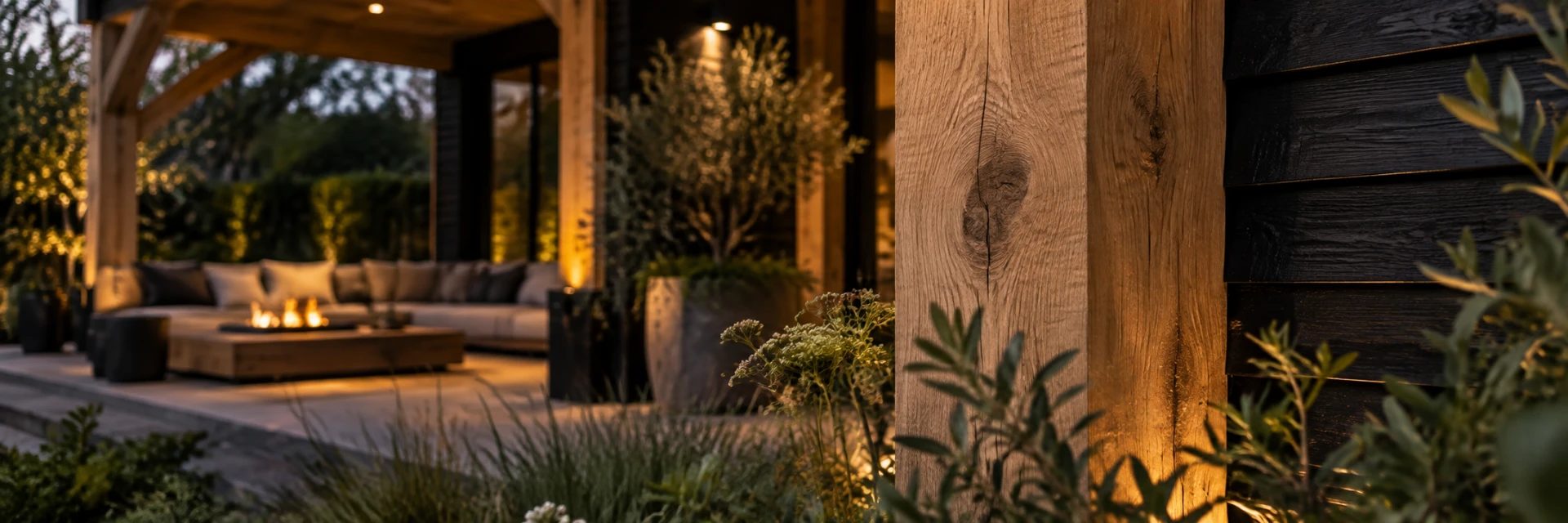 Houten buitenverblijf met loungehoek en vuurtafel in de avond